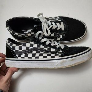 VANS Off The Wall Black Suede Leather White Checkered Sneakers Sz 5.5 youth boys